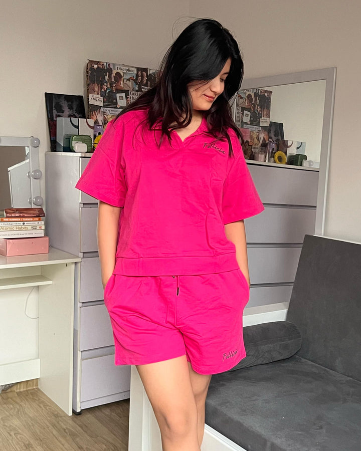 Polo Sweat-tee Summer Co-ord Set (Fuchsia Pink)