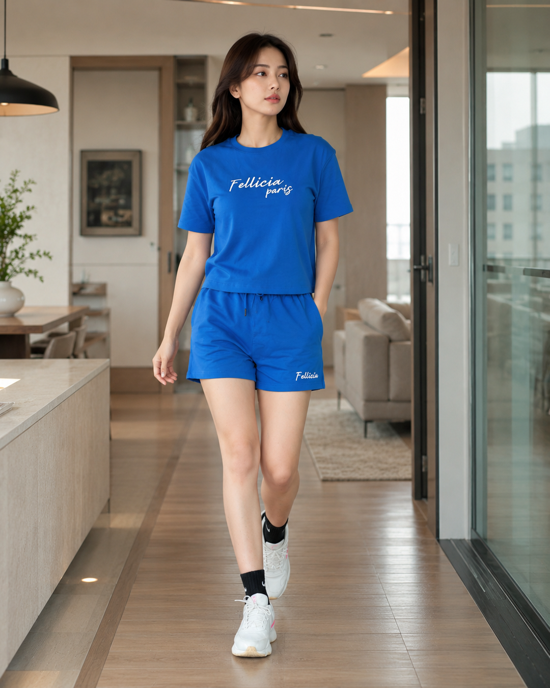 100% Cotton Loop Knit Tee & Shorts Co-ord Set - AZURE BLUE