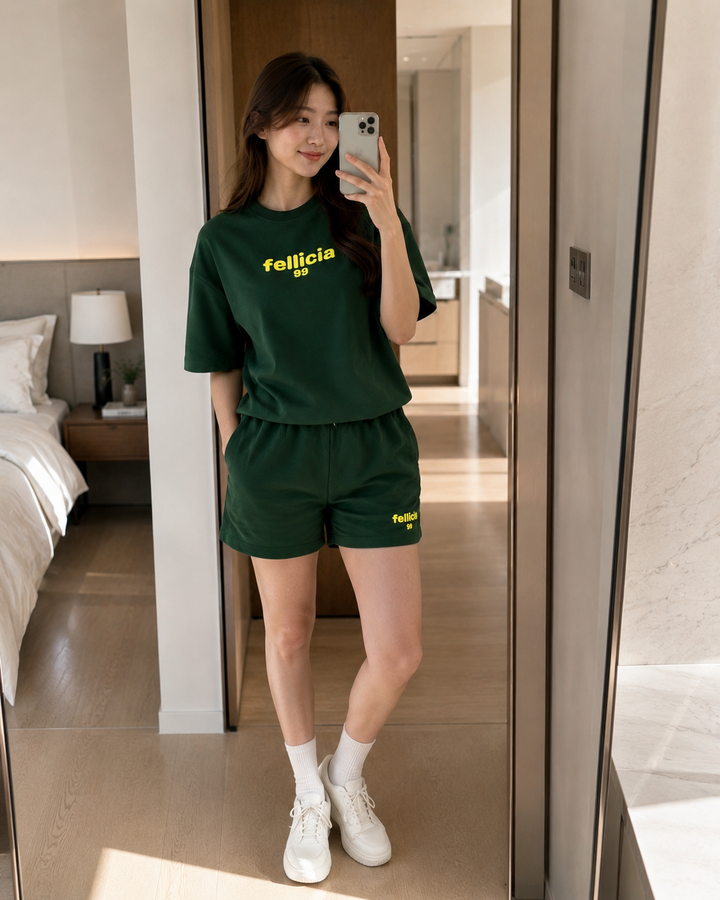 100% Cotton Loop Knit Tee & Shorts Co-ord Set - OLIVE GREEN