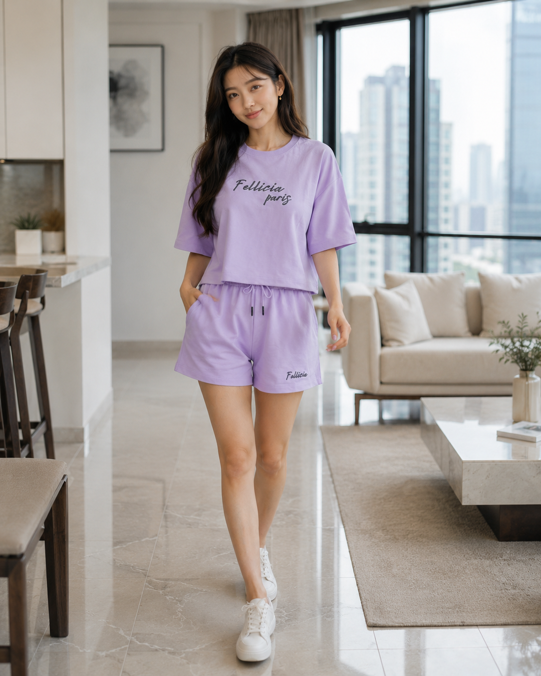 100% Cotton Loop Knit Tee & Shorts Co-ord Set - LILAC