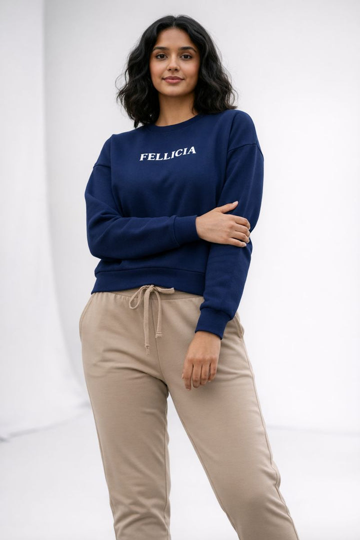 Navy Blue Sweatshirt & Beige Jogger Co-ord Set