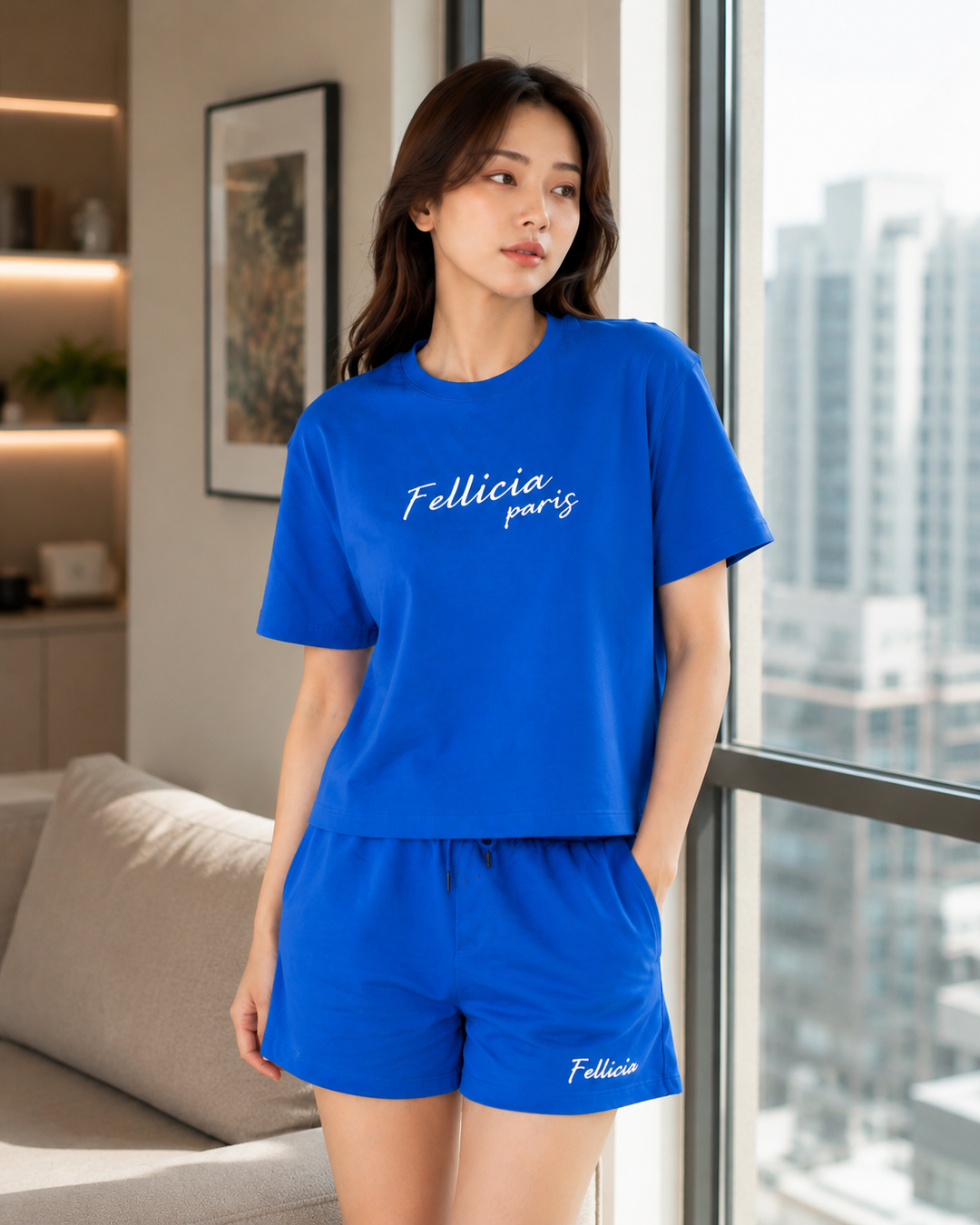 100% Cotton Loop Knit Tee & Shorts Co-ord Set - AZURE BLUE