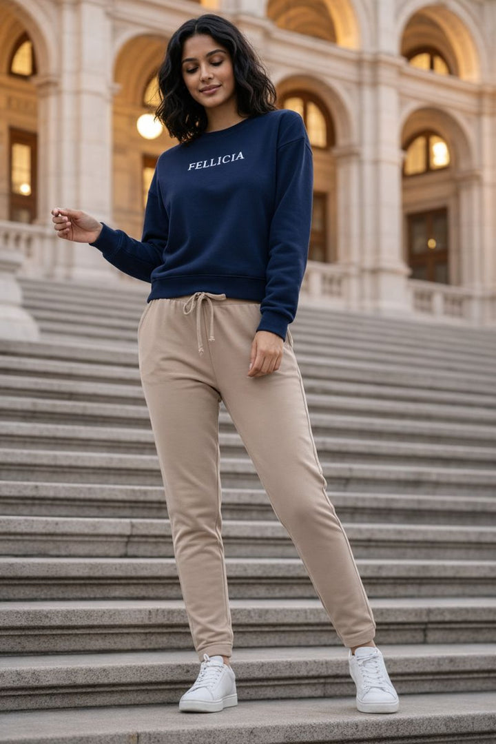 Navy Blue Sweatshirt & Beige Jogger Co-ord Set