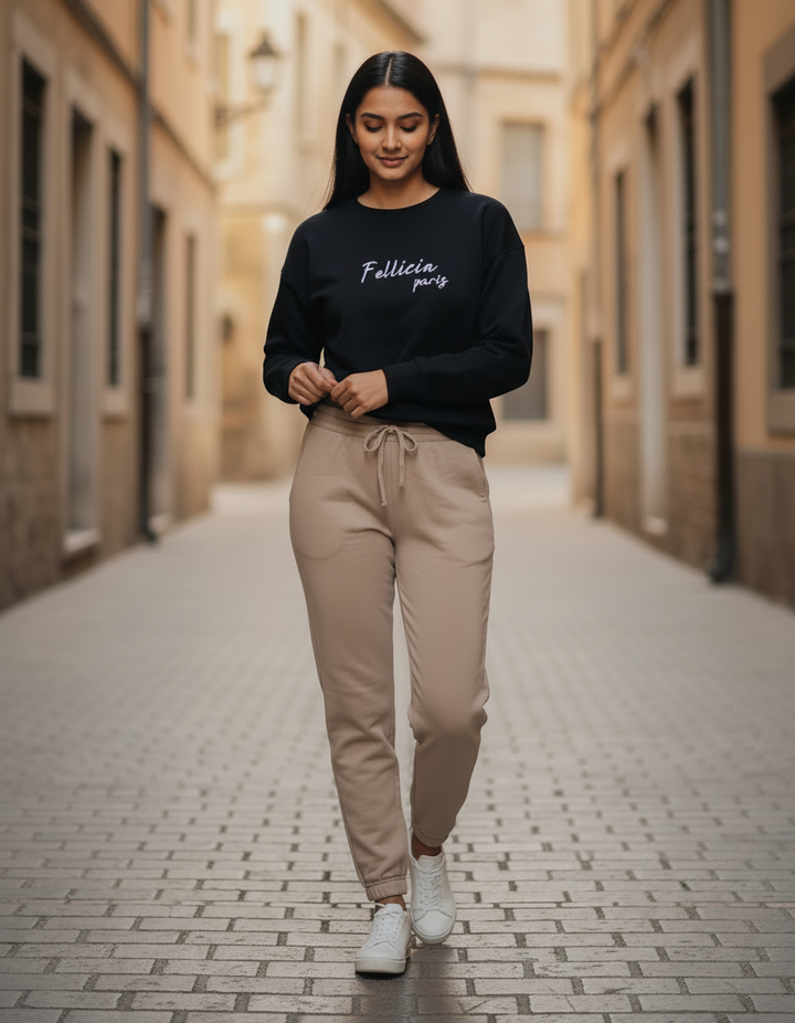 Women’s Sweatshirt & Joggers Co-ord Set (Black–Beige)