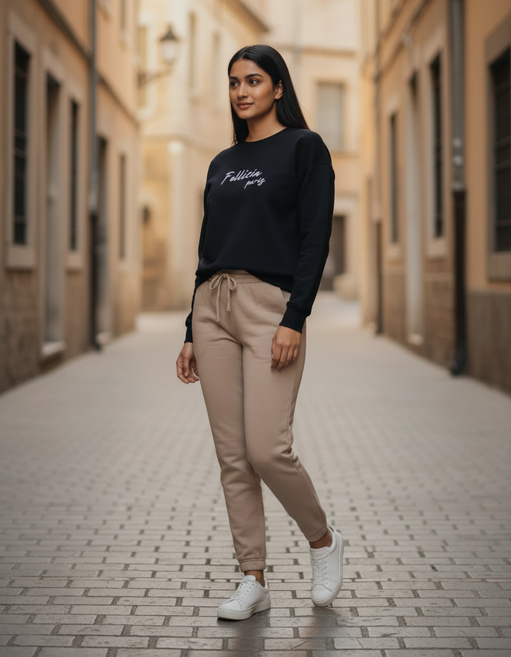 Women’s Sweatshirt & Joggers Co-ord Set (Black–Beige)