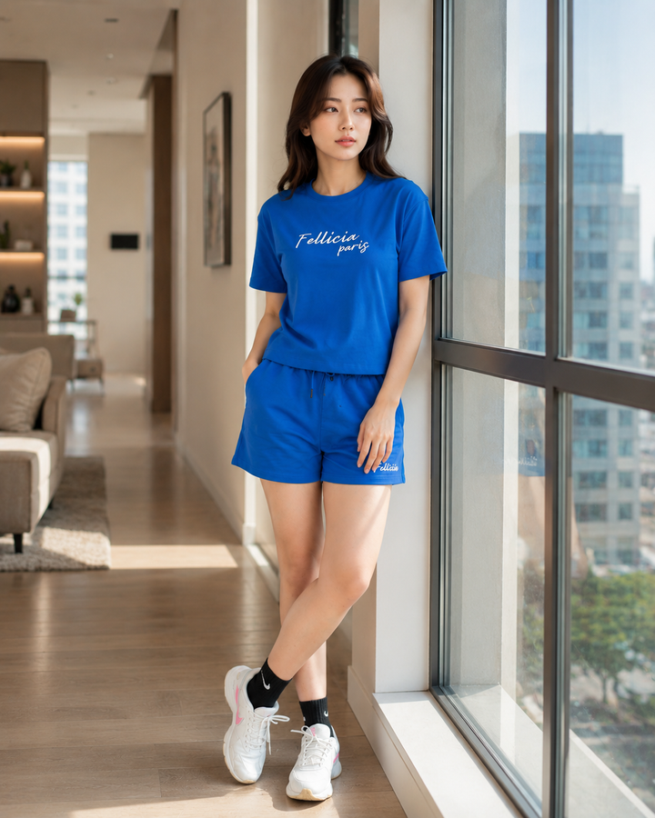 100% Cotton Loop Knit Tee & Shorts Co-ord Set - AZURE BLUE
