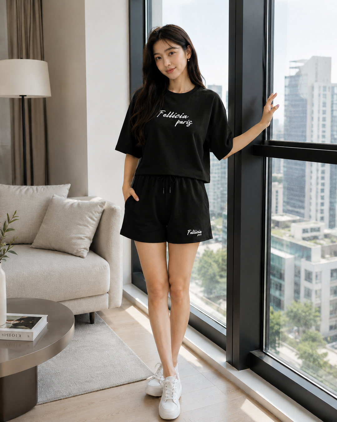100% Cotton Loop Knit Tee & Shorts Co-ord Set - Black