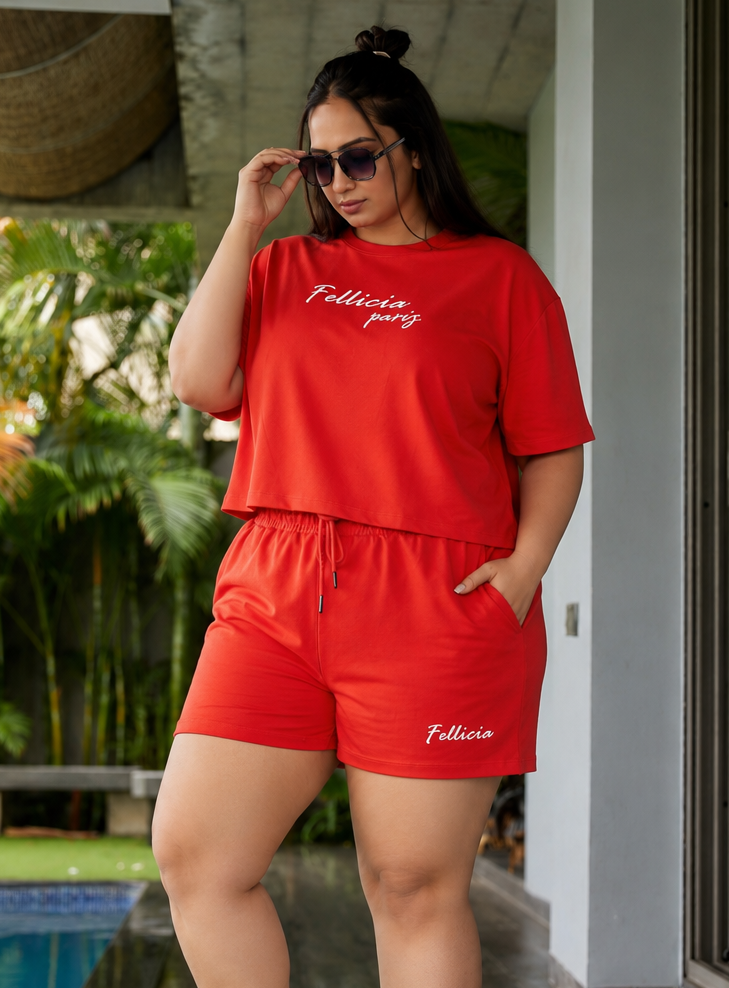 100% Cotton Loop Knit Tee & Shorts Co-ord Set -RED (XXL)