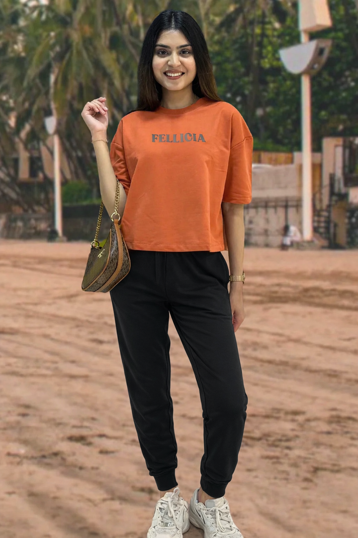 FUNKY Summer – Rust Orange Sweat-Tee & Black Jogger Set