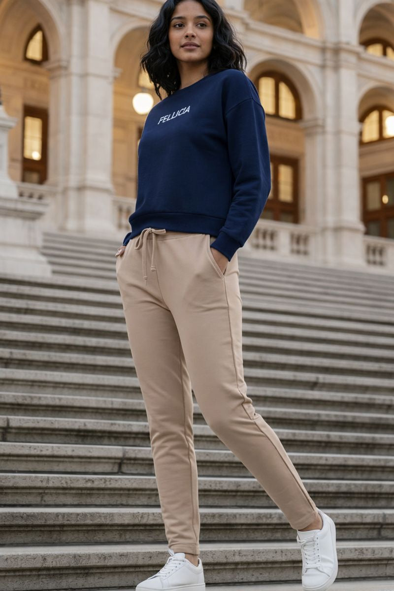 Navy Blue Sweatshirt & Beige Jogger Co-ord Set