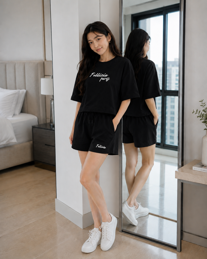 100% Cotton Loop Knit Tee & Shorts Co-ord Set - Black