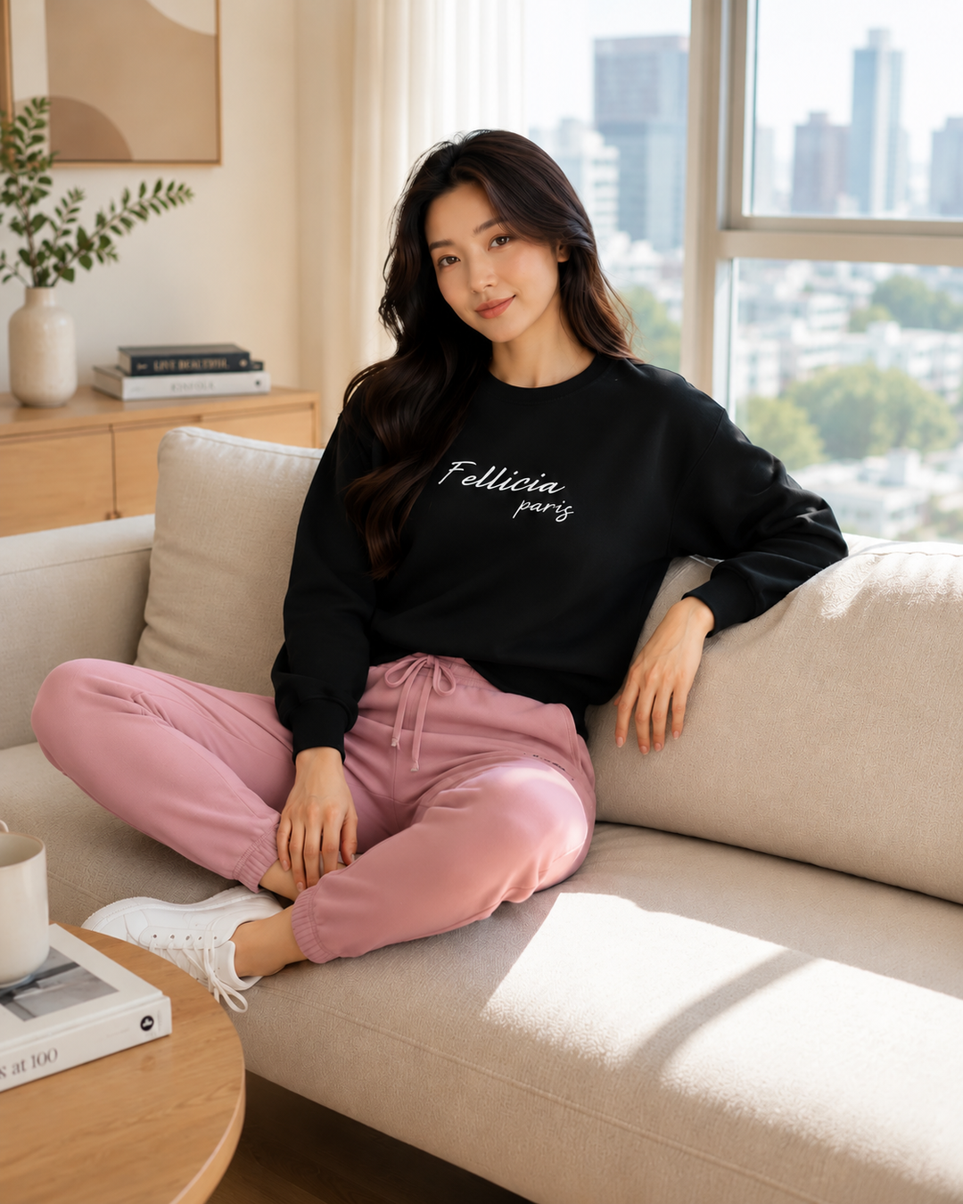 Sweatshirt & Jogger Vacation Set (Black_Dusty Pink)