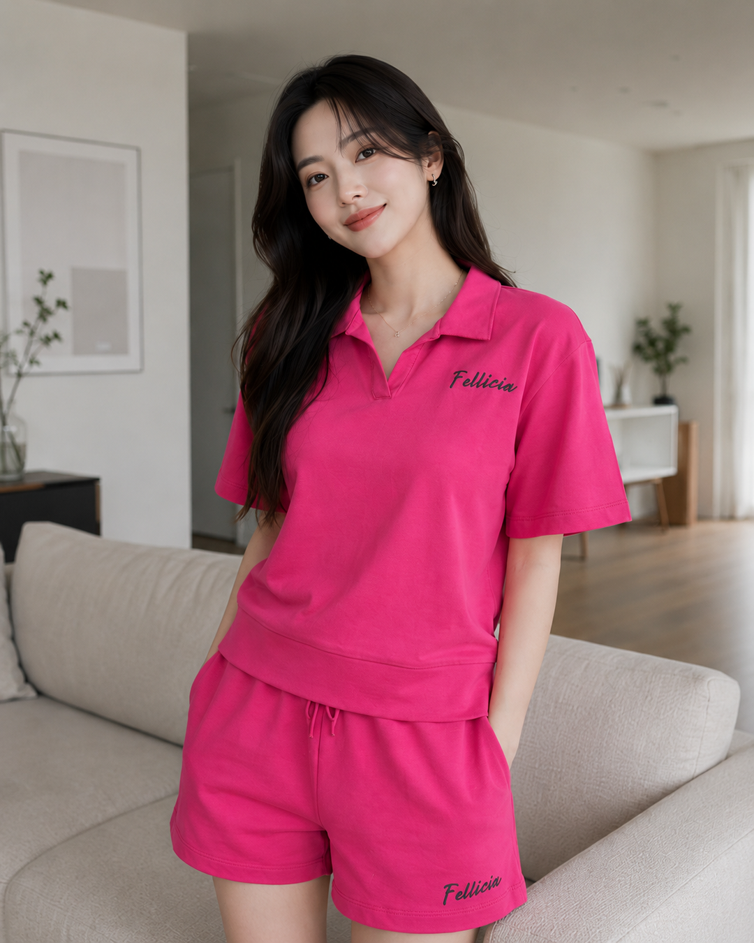 100% Cotton Loop Knit POLO & Shorts Co-ord Set - Fuchsia pink