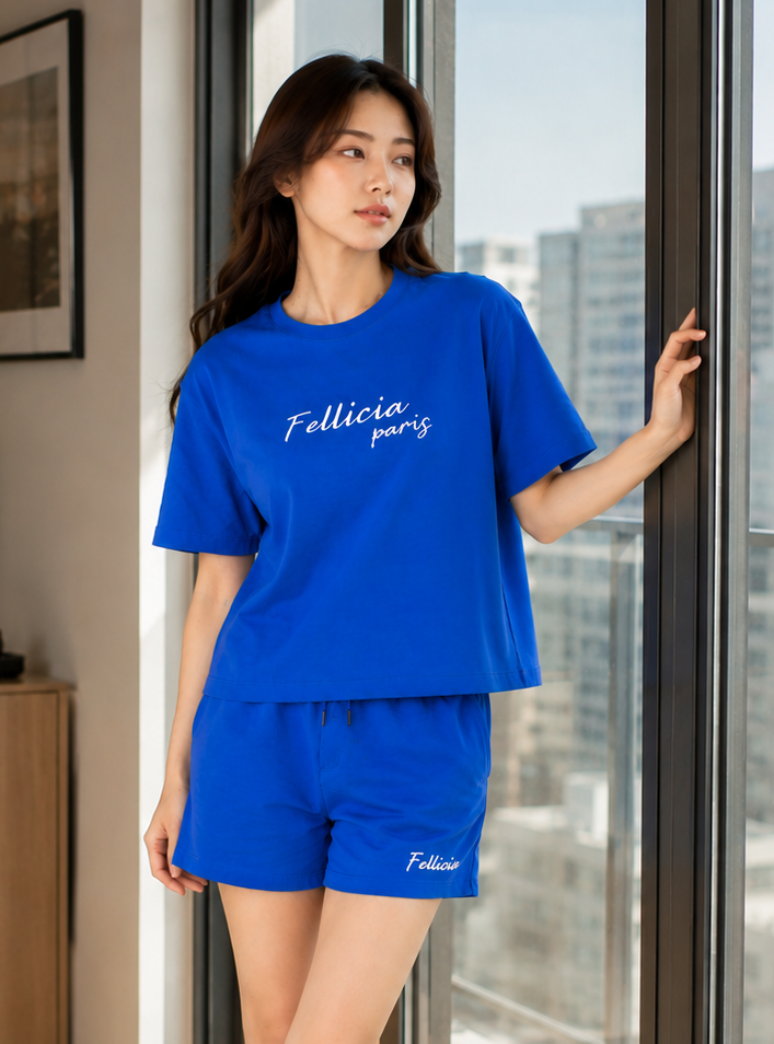 100% Cotton Loop Knit Tee & Shorts Co-ord Set - AZURE BLUE
