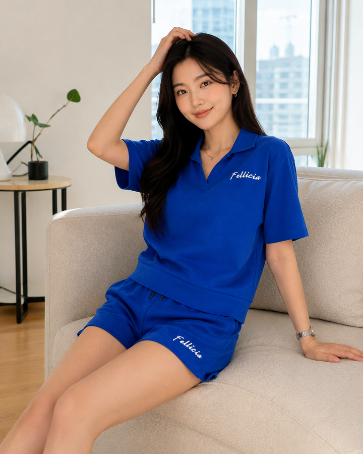 100% Cotton Loop Knit POLO & Shorts Co-ord Set - AZURE BLUE