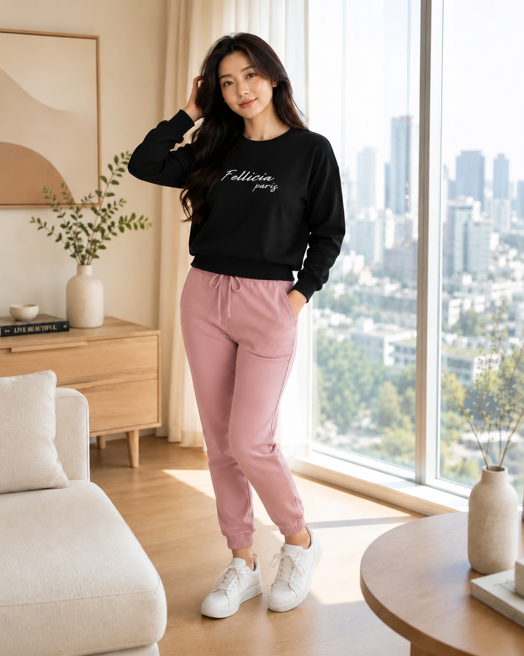 Sweatshirt & Jogger Vacation Set (Black_Dusty Pink)