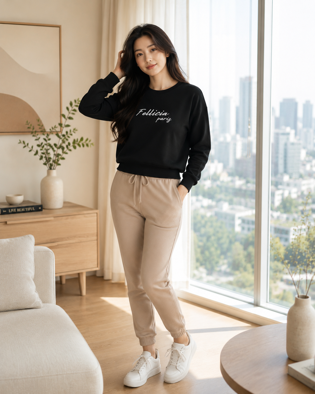 Sweatshirt & Jogger Vacation Set (Black_Beige)