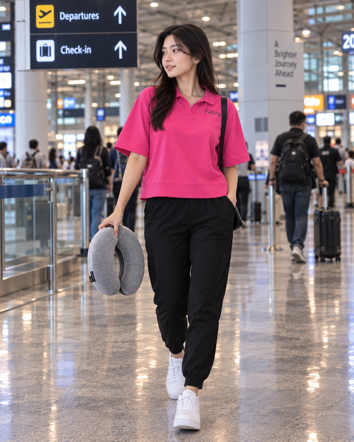 SweatTee& Jogger Vacation Set (Fuchsia PINK-Black)