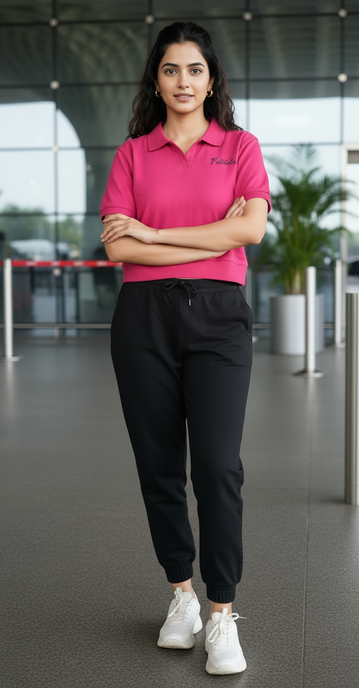 TRAVEL Polo Sweat-Tee & Jogger Set (Pink-Black)