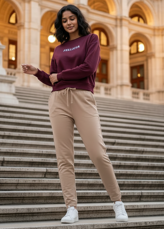 Women’s Sweatshirt & Joggers Co-ord Set (Maroon–Beige)