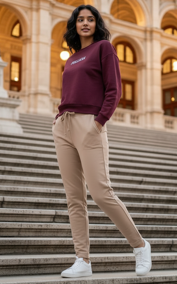 Women’s Sweatshirt & Joggers Co-ord Set (Maroon–Beige)