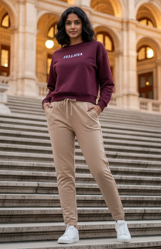 Women’s Sweatshirt & Joggers Co-ord Set (Maroon–Beige)