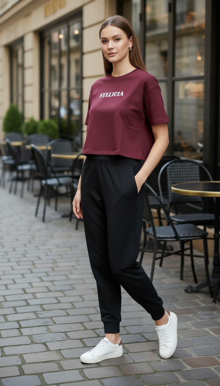 TRAVEL – Maroon Sweat-Tee & Black Jogger Set