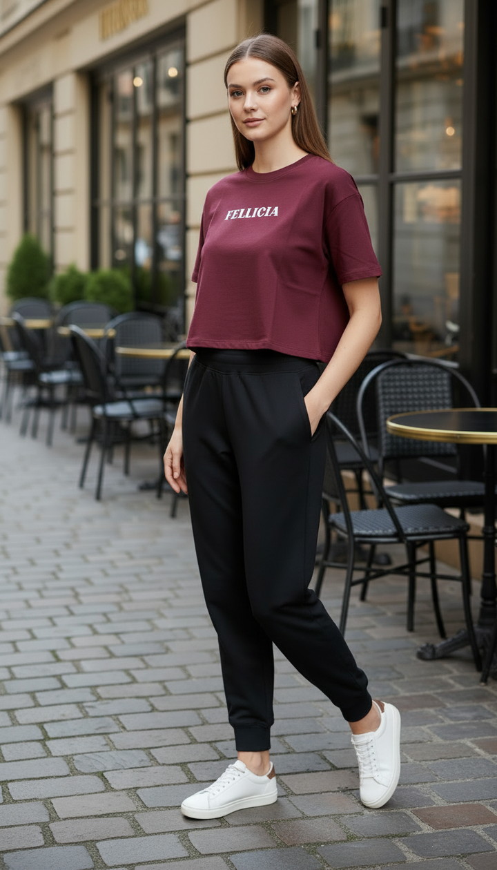 TRAVEL – Maroon Sweat-Tee & Black Jogger Set