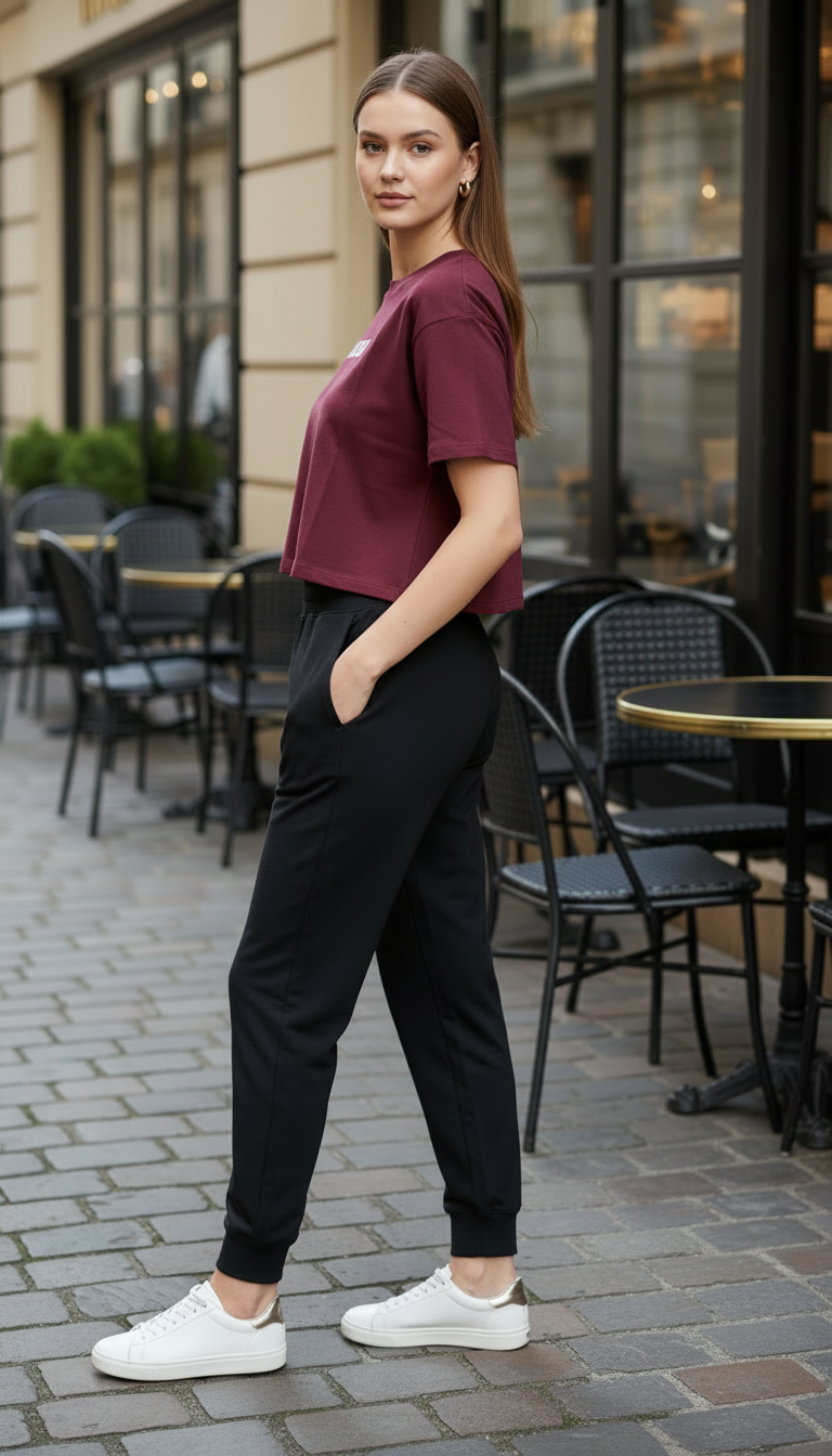 TRAVEL – Maroon Sweat-Tee & Black Jogger Set