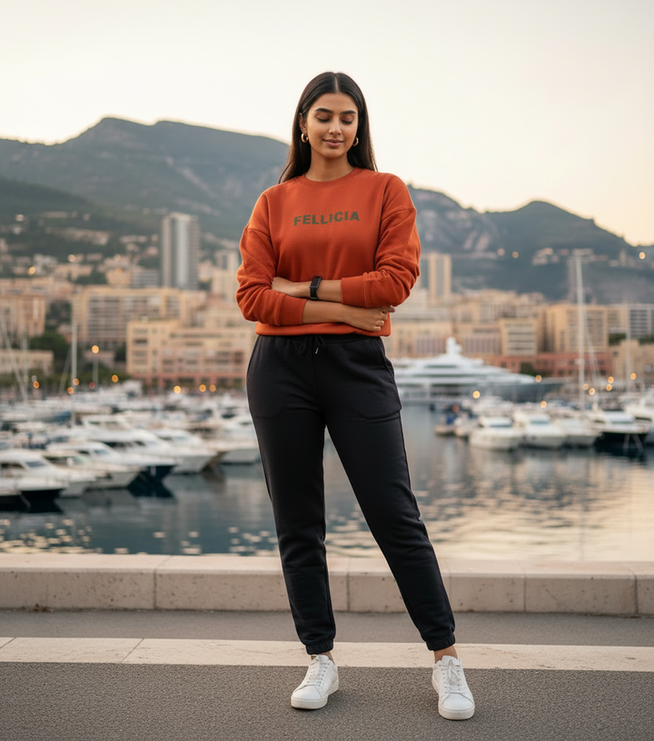 Women’s Sweatshirt & Joggers QUIRKY Set (Ember Orange–Black)