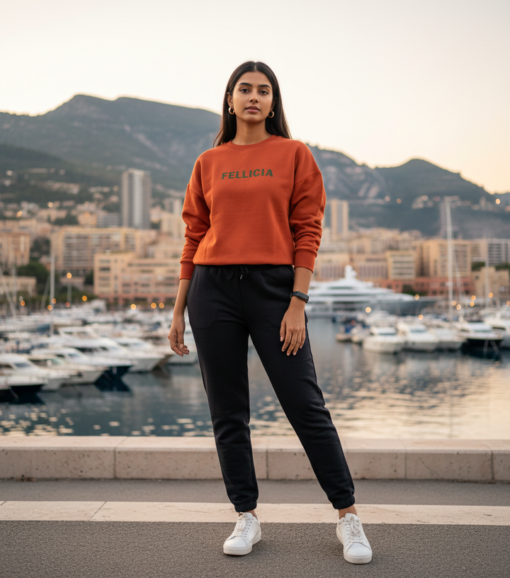 Women’s Sweatshirt & Joggers QUIRKY Set (Ember Orange–Black)