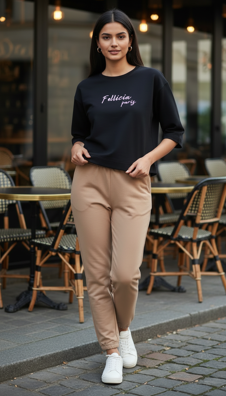 TRAVEL Black Tee & Beige Jogger Set