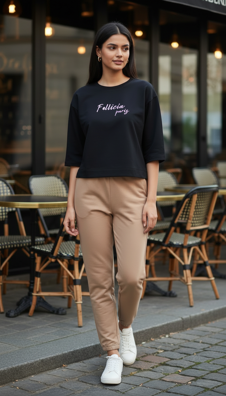 TRAVEL Black Tee & Beige Jogger Set