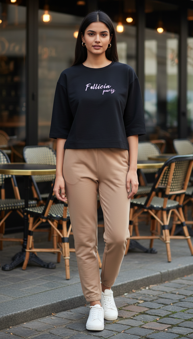 TRAVEL Black Tee & Beige Jogger Set