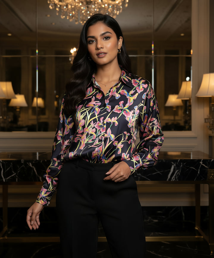 Women Satin Partywear Shirt – Lavender Noir