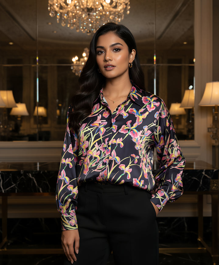 Women Satin Partywear Shirt – Lavender Noir