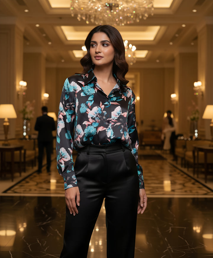 Women Satin Partywear Shirt – Moon Blossom
