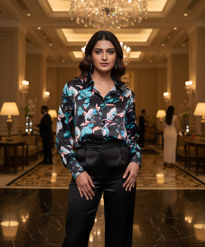 Women Satin Partywear Shirt – Moon Blossom