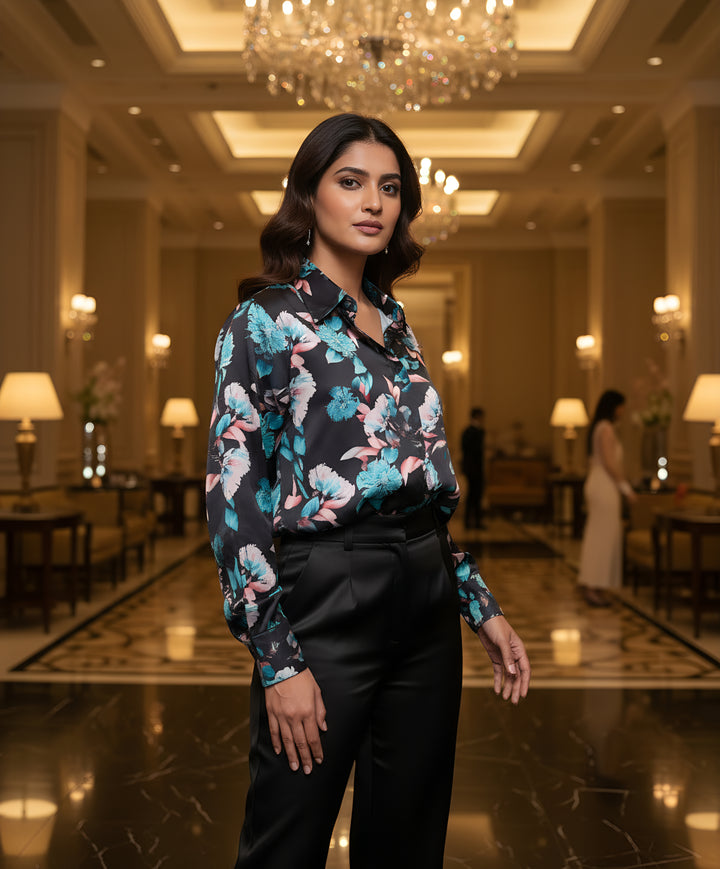 Women Satin Partywear Shirt – Moon Blossom