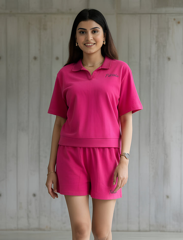 Polo Sweat-tee Summer Co-ord Set (Fuchsia Pink)