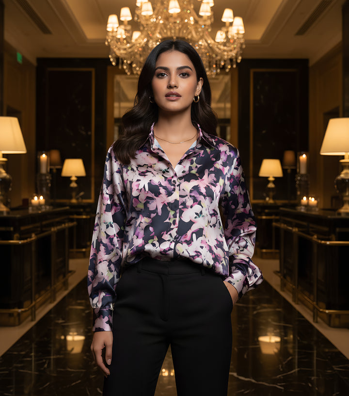 Women Satin Partywear Shirt – Purple Haze