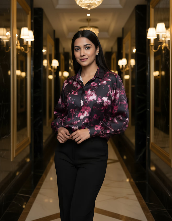 Women Satin Partywear Shirt – Berry Eclipse